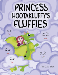 An image of a girl riding a dragon with clouds surrounding them and the book title of Princess Hootakluffy's Fluffies at the top.